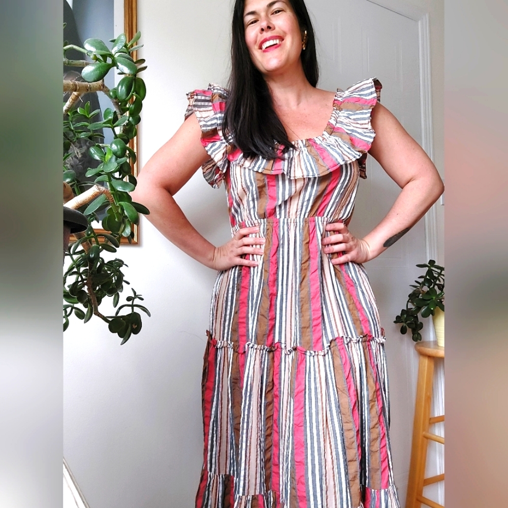 ULLA JOHNSON 100% Cotton Striped Long Dress - Size: S | US 4 - New without Tags